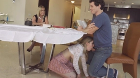 Hottest Stepmom catches slut under table giving son blowjob